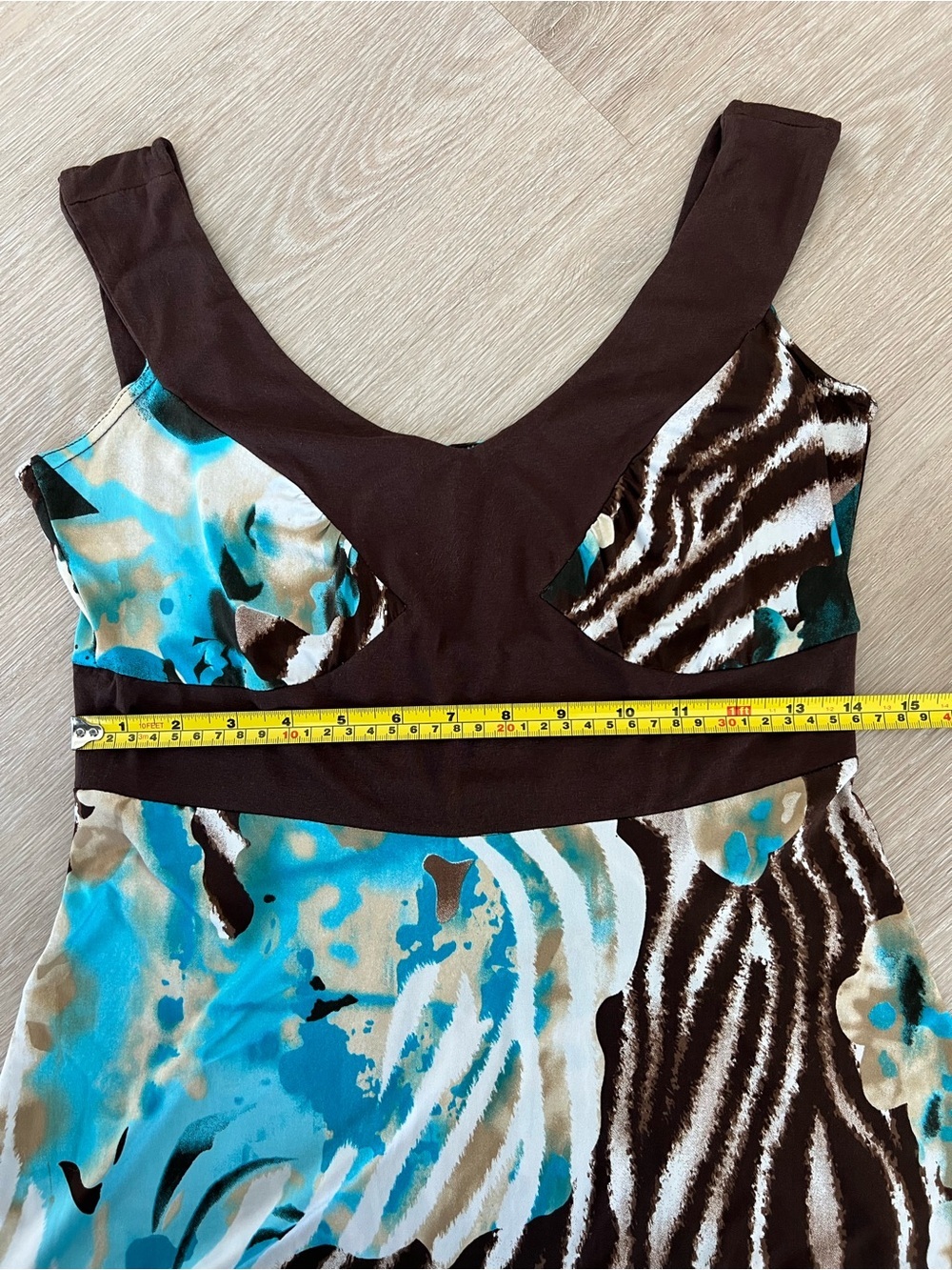 Y2K Lionkel Paris Sleeveless V-Neck Brown and Turquoise Printed Mini Dress - Picture 5 of 6